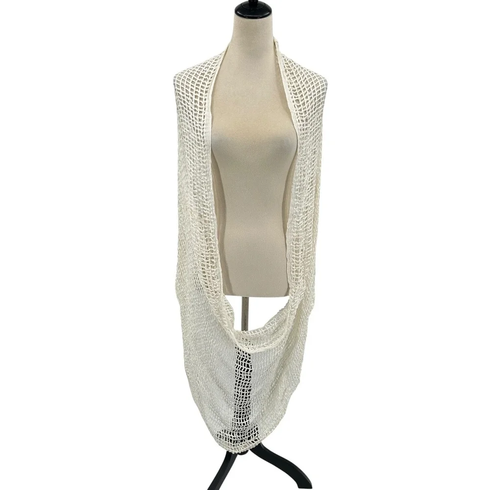 Coastal Boho Gauze Mesh Scarf Fishnet Open Knit White Beach Cover Artsy Layer - Picture 3 of 8